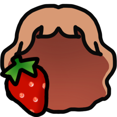 a wavy bob of pinkish blonde hair with some bangs, and a small strawberry in the corner.